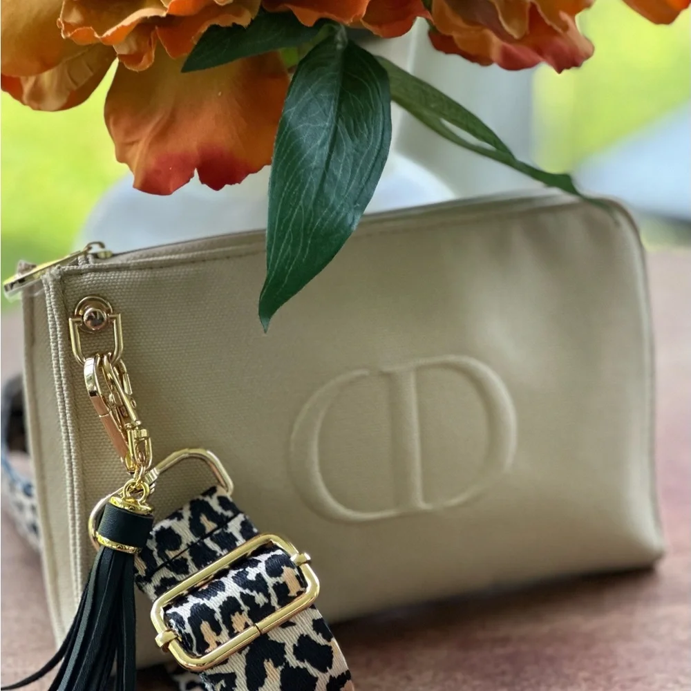 Beauty Counter Beige Cosmetic Cross body Bag with Gold Accents Upcycled GWP